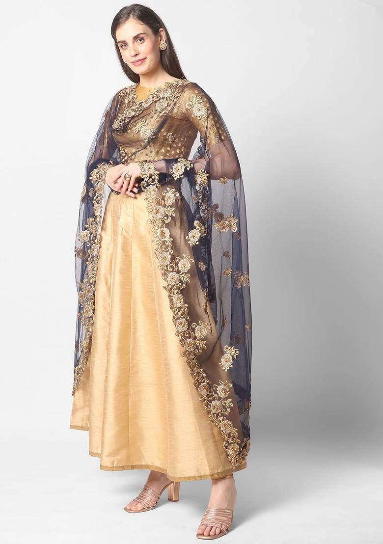 Navy Blue And Gold Embroidered Dupatta With Beads And Stones Details