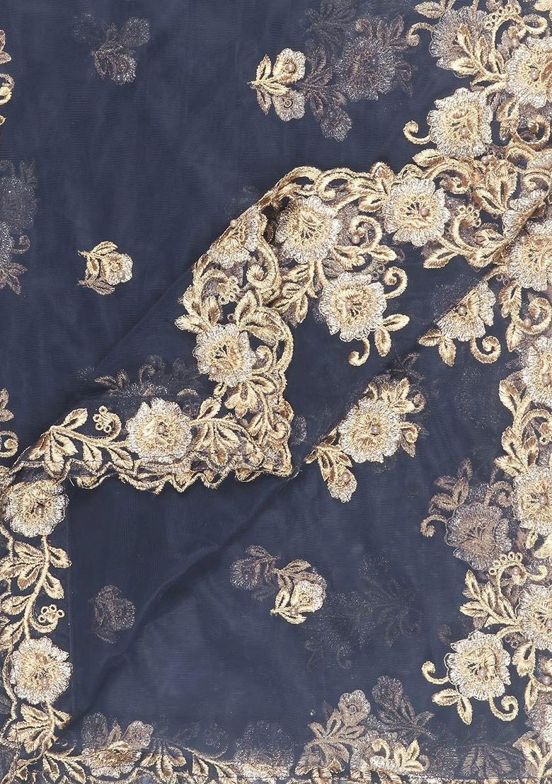 Navy Blue And Gold Embroidered Dupatta With Beads And Stones Details