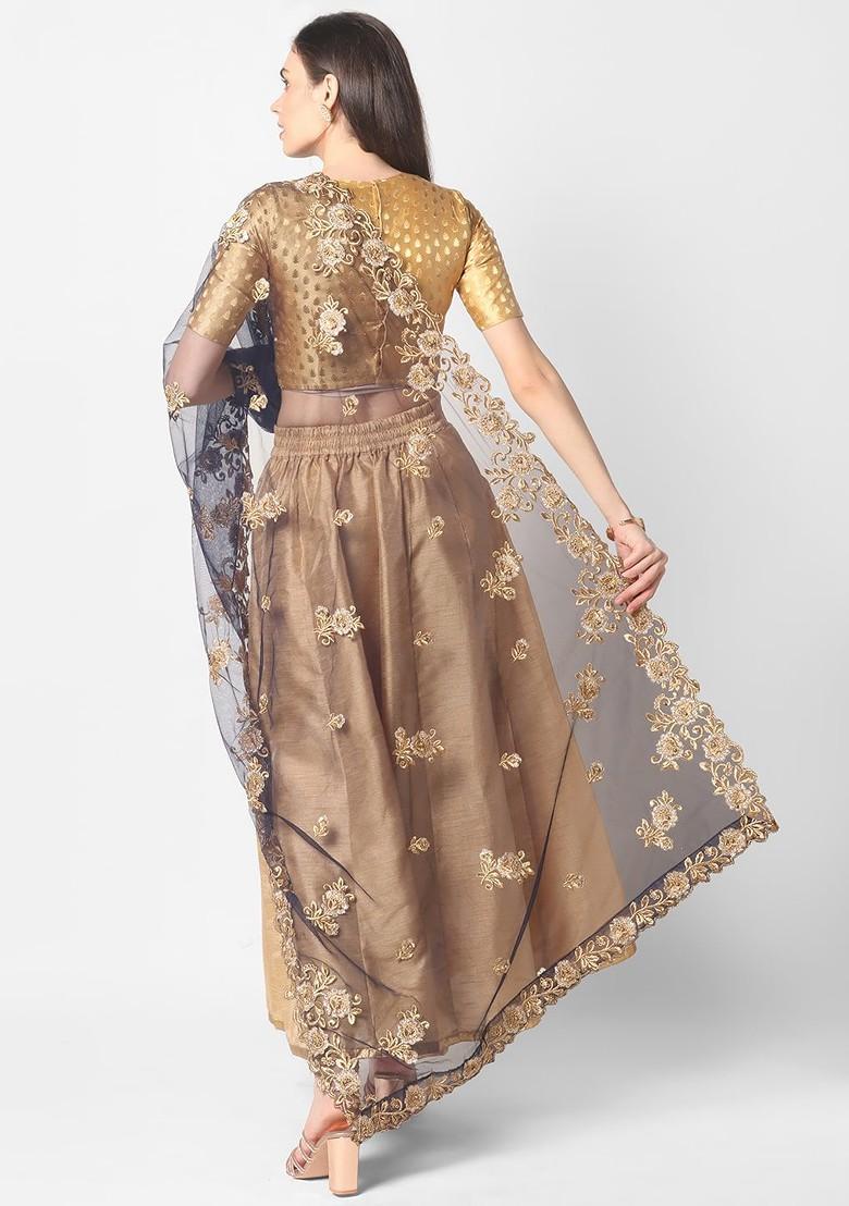 Navy Blue And Gold Embroidered Dupatta With Beads And Stones Details