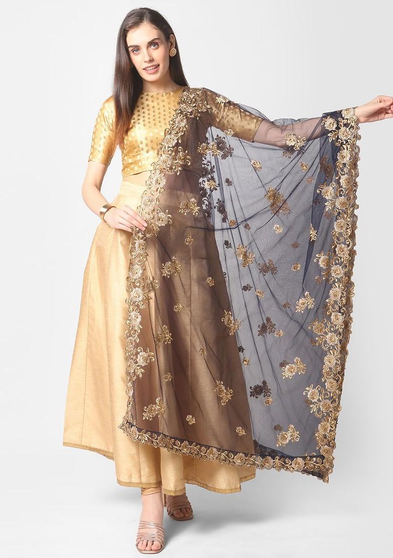 Navy Blue And Gold Embroidered Dupatta With Beads And Stones Details