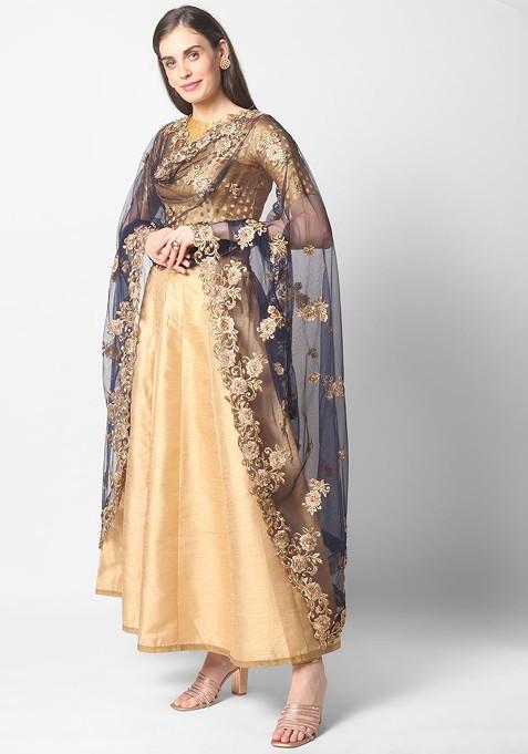 Navy Blue And Gold Embroidered Dupatta With Beads And Stones Details