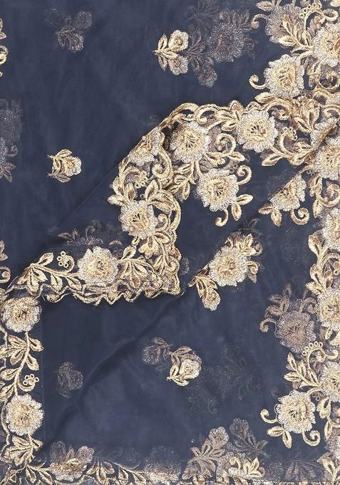 Navy Blue And Gold Embroidered Dupatta With Beads And Stones Details