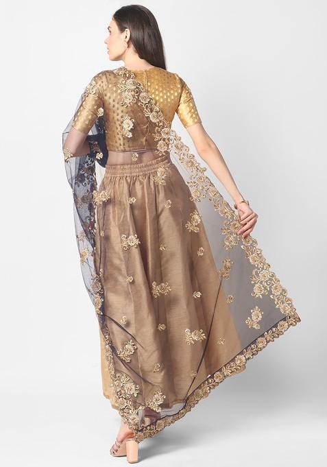 Navy Blue And Gold Embroidered Dupatta With Beads And Stones Details