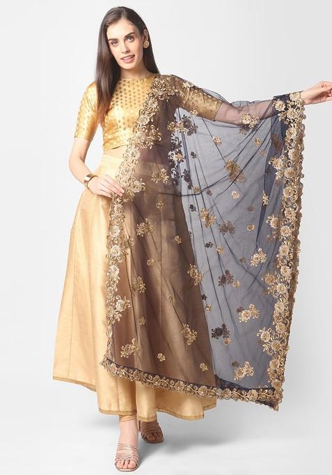 Navy Blue And Gold Embroidered Dupatta With Beads And Stones Details
