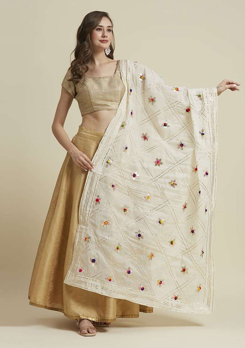 Floral Embroidered Gotta Patti Pure Cotton Dupatta - Indya