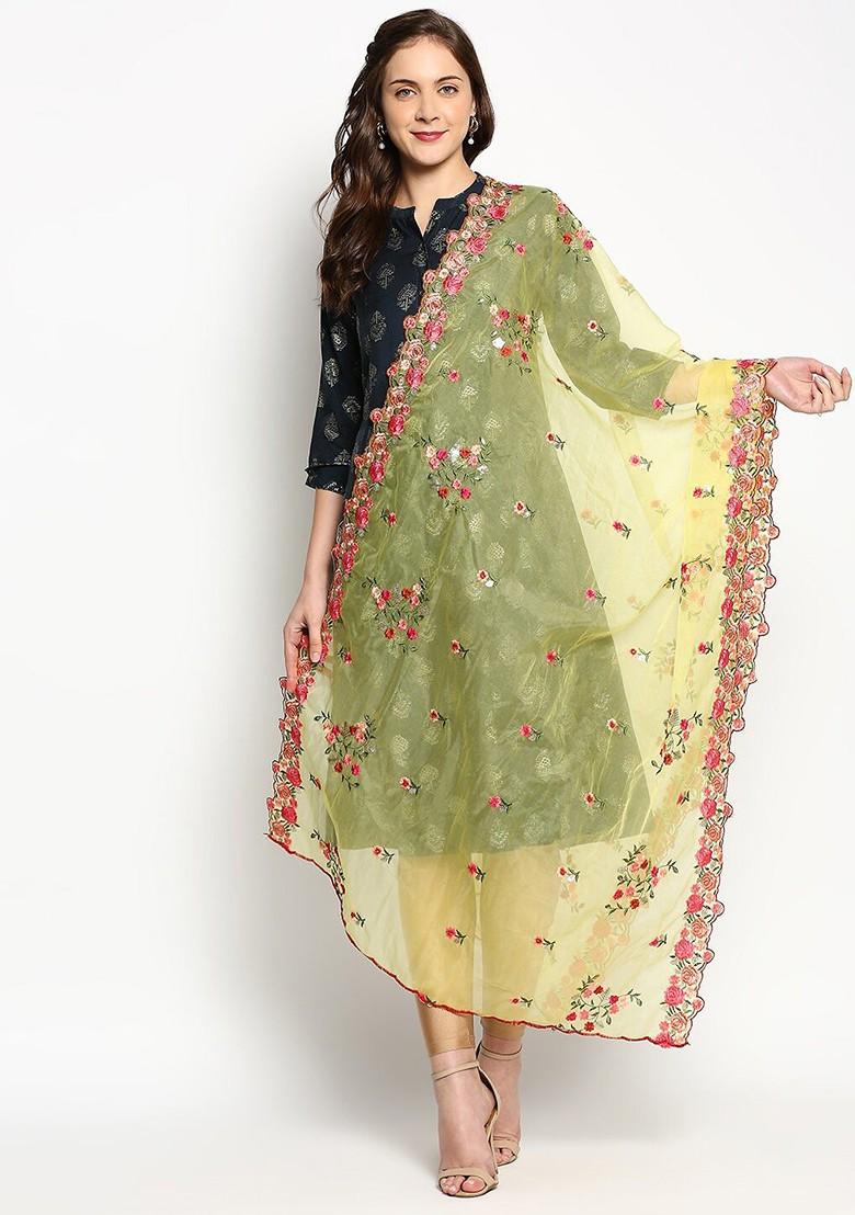 Yellow And Red Embroidered Organza Dupatta With Sequinned