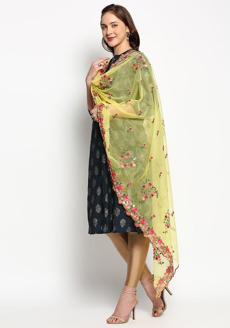 Yellow And Red Embroidered Organza Dupatta With Sequinned