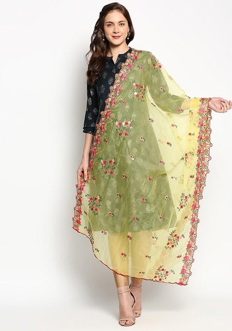 Yellow And Red Embroidered Organza Dupatta With Sequinned