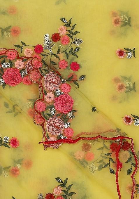 Yellow And Red Embroidered Organza Dupatta With Sequinned