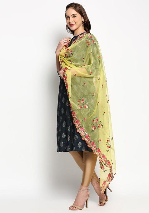 Yellow And Red Embroidered Organza Dupatta With Sequinned