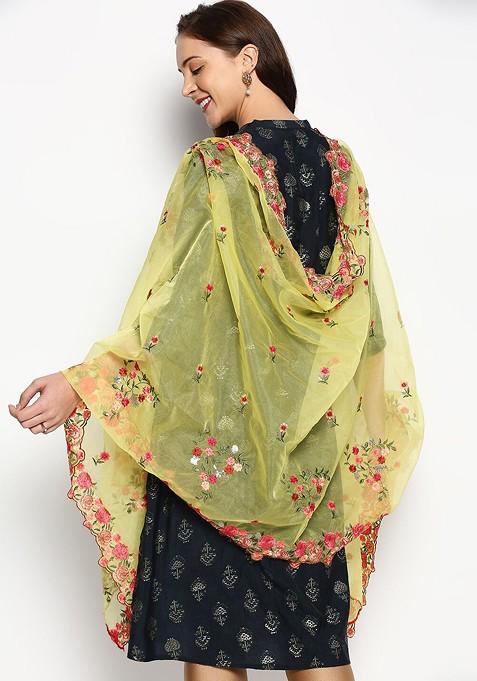 Yellow And Red Embroidered Organza Dupatta With Sequinned
