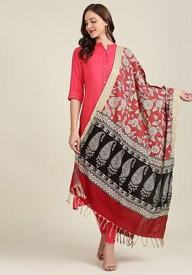 Coral And Black Printed Pure Cotton Kalamkari Dupatta