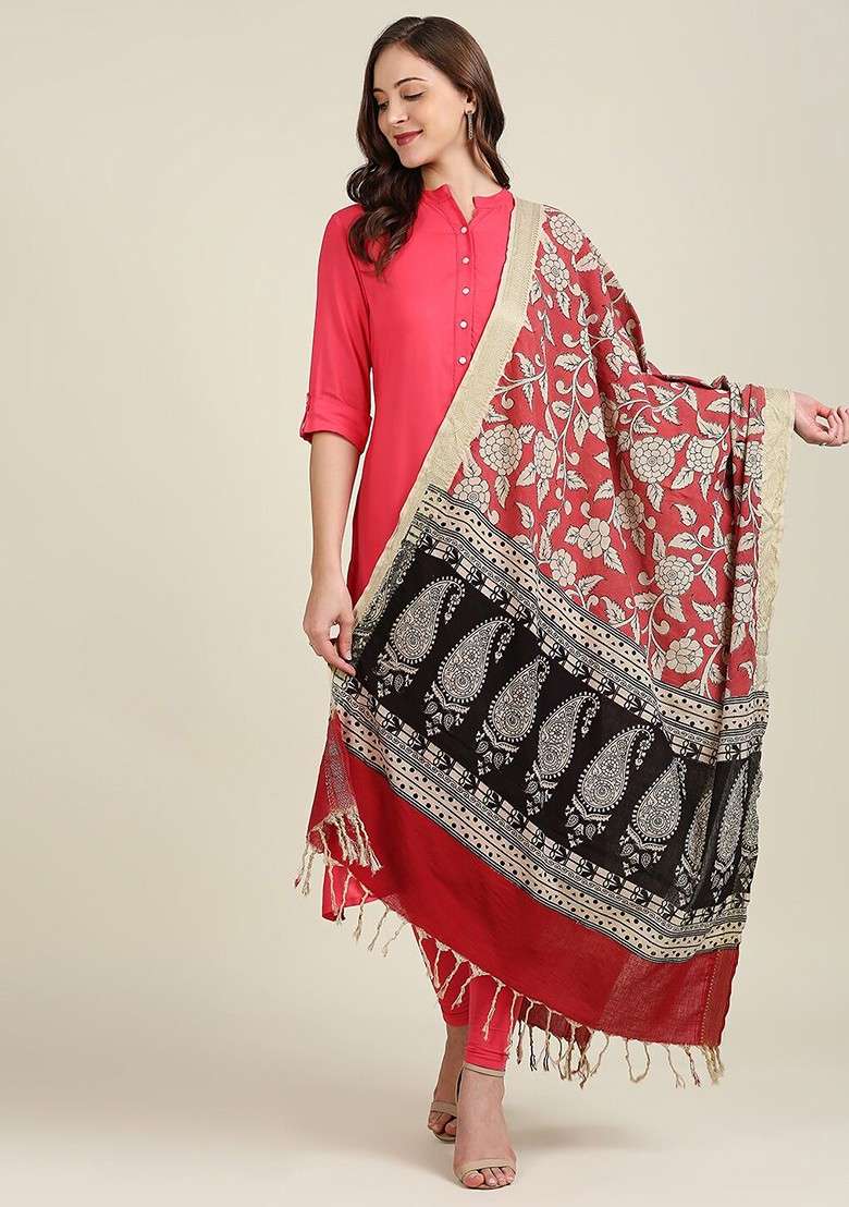 Coral And Black Printed Pure Cotton Kalamkari Dupatta - Indya