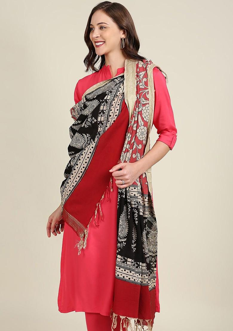 Coral And Black Printed Pure Cotton Kalamkari Dupatta