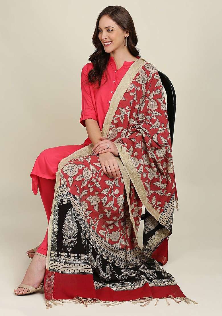 Coral And Black Printed Pure Cotton Kalamkari Dupatta - Indya