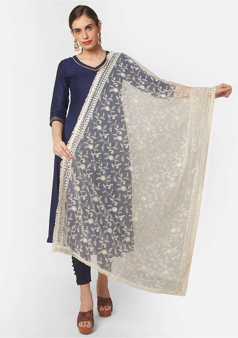 Off White Embroidered Dupatta - Indya
