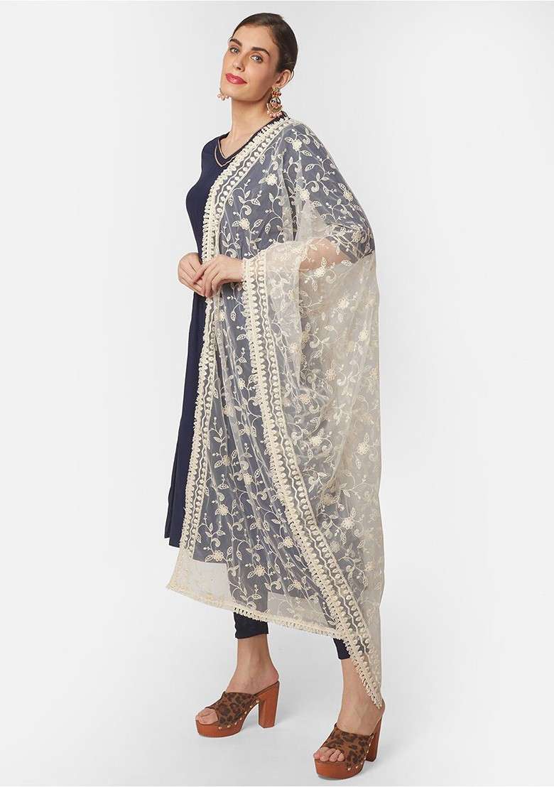 Off White Embroidered Dupatta - Indya