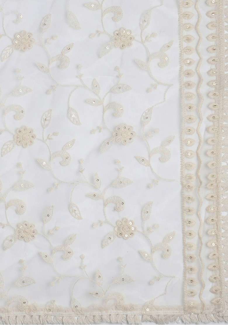 Off White Embroidered Dupatta - Indya