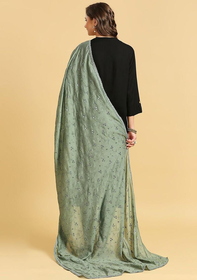 Floral Embroidered Pure Cotton Dupatta With Mirror Work