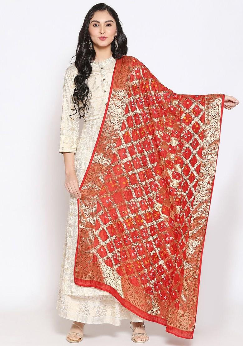 Red And Gold Toned Woven Design Silk Banarasi Dupatta