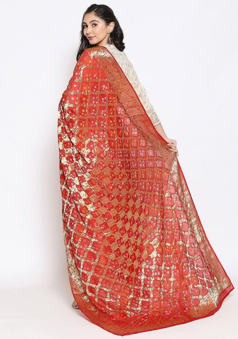 Red And Gold Toned Woven Design Silk Banarasi Dupatta
