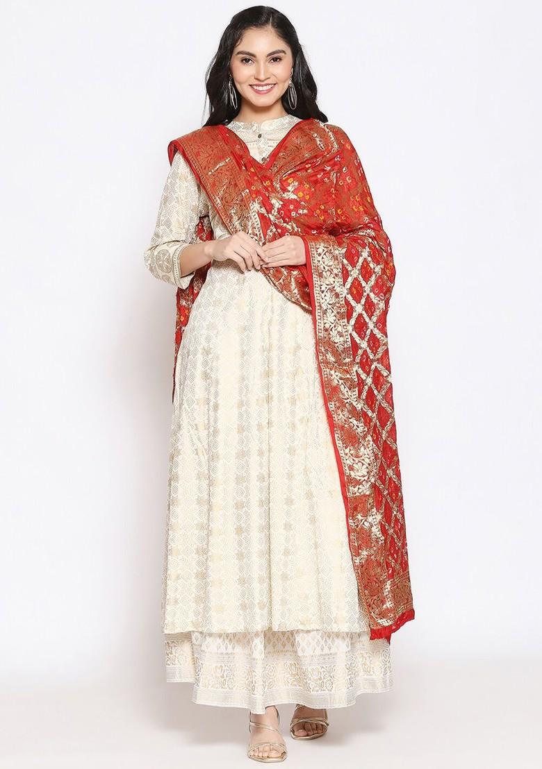Red And Gold Toned Woven Design Silk Banarasi Dupatta