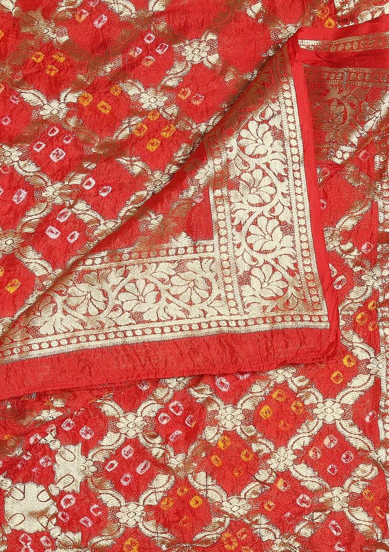 Red And Gold Toned Woven Design Silk Banarasi Dupatta