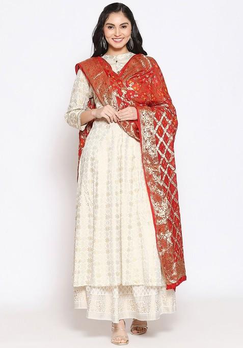 Red And Gold Toned Woven Design Silk Banarasi Dupatta