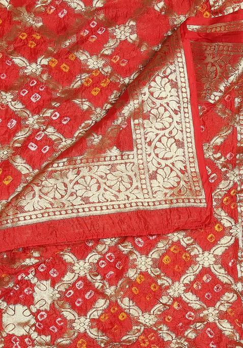 Red And Gold Toned Woven Design Silk Banarasi Dupatta