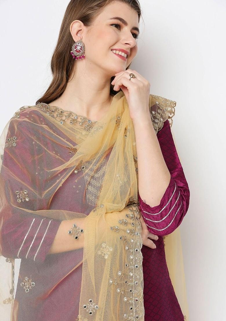 Gold Toned Ethnic Motifs Embroidered Dupatta With Mirror Work