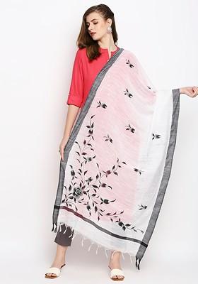 White And Black Printed Cotton Silk Dupatta