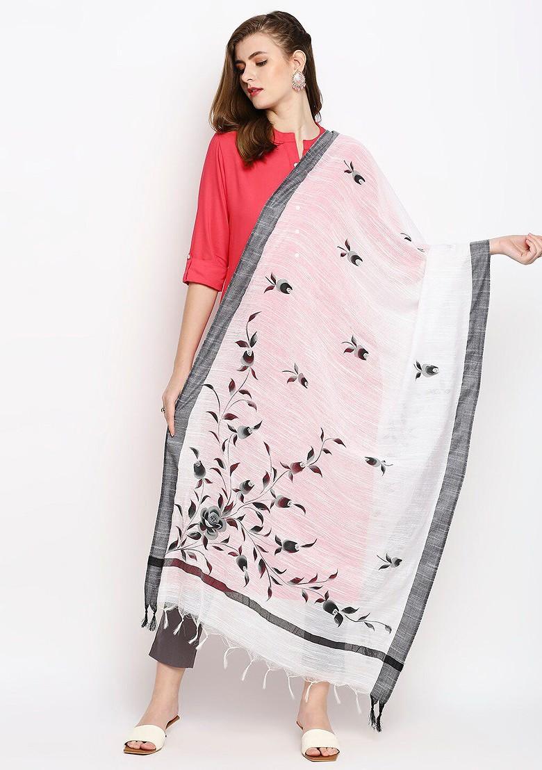 White And Black Printed Cotton Silk Dupatta