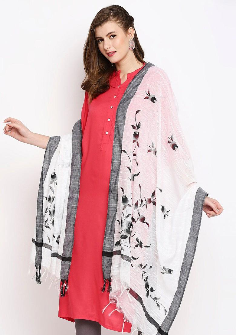 White And Black Printed Cotton Silk Dupatta