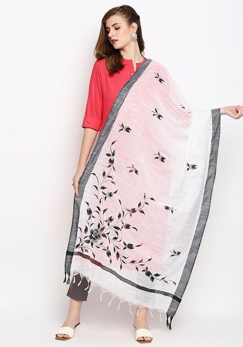 White And Black Printed Cotton Silk Dupatta