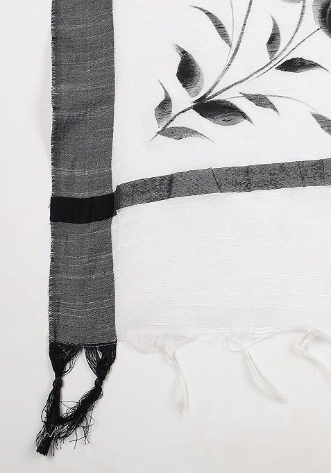 White And Black Printed Cotton Silk Dupatta