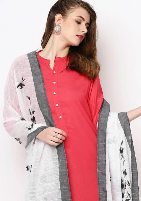 White And Black Printed Cotton Silk Dupatta