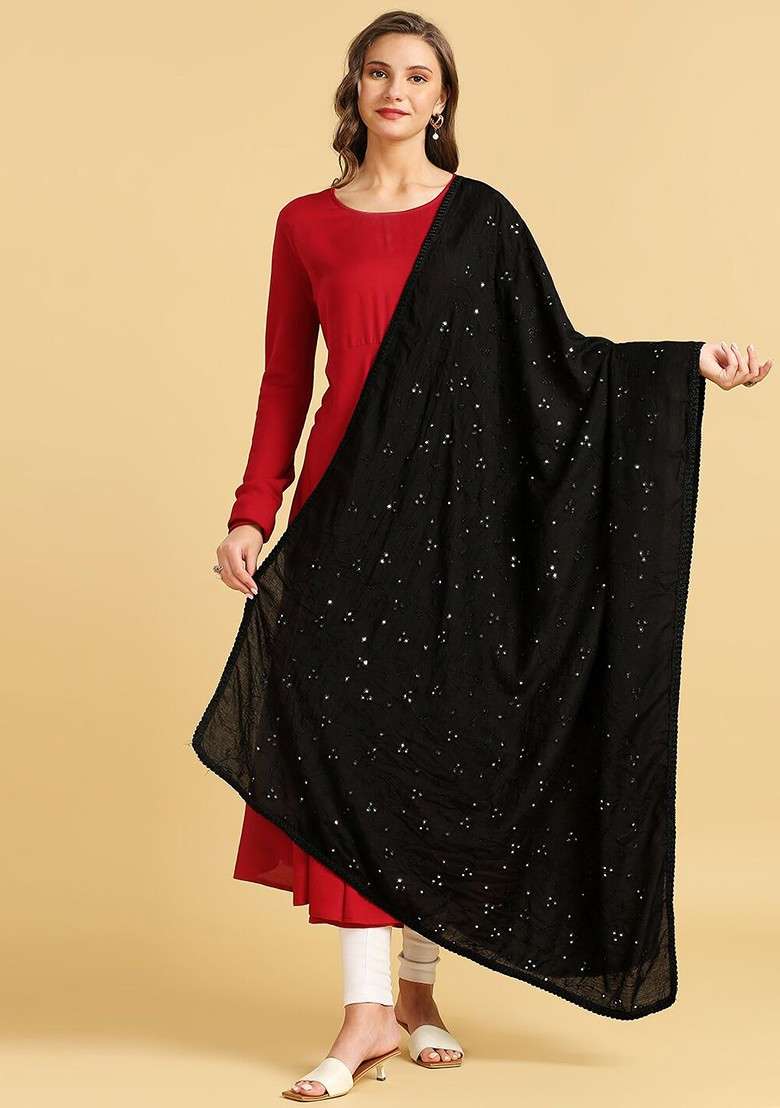 Floral Embroidered Mirror Work Pure Cotton Dupatta - Indya