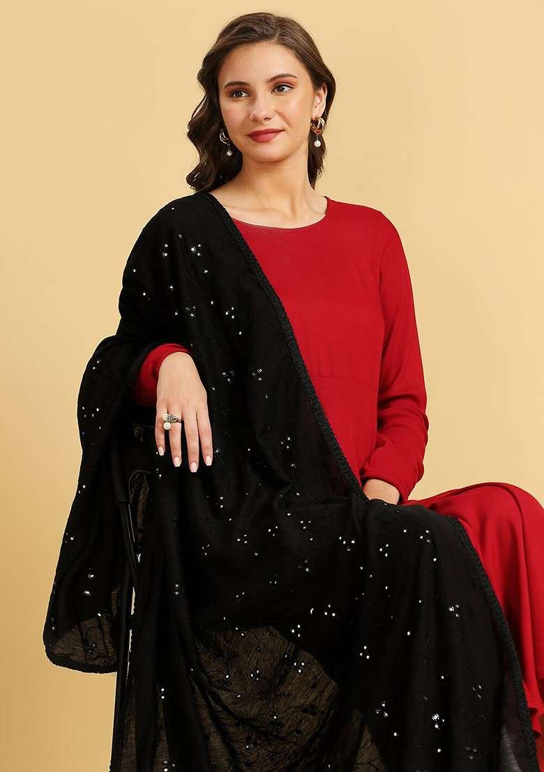 Floral Embroidered Mirror Work Pure Cotton Dupatta - Indya