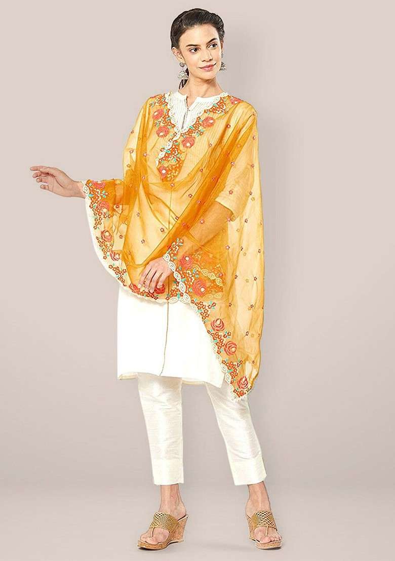 Embroidered Organza Dupatta With Thread Work - Indya