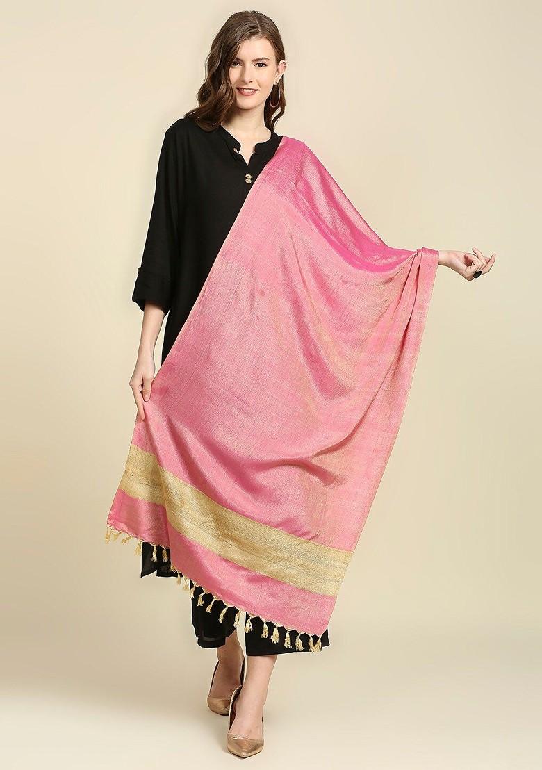 Pink And Gold Toned Solid Cotton Silk Dupatta