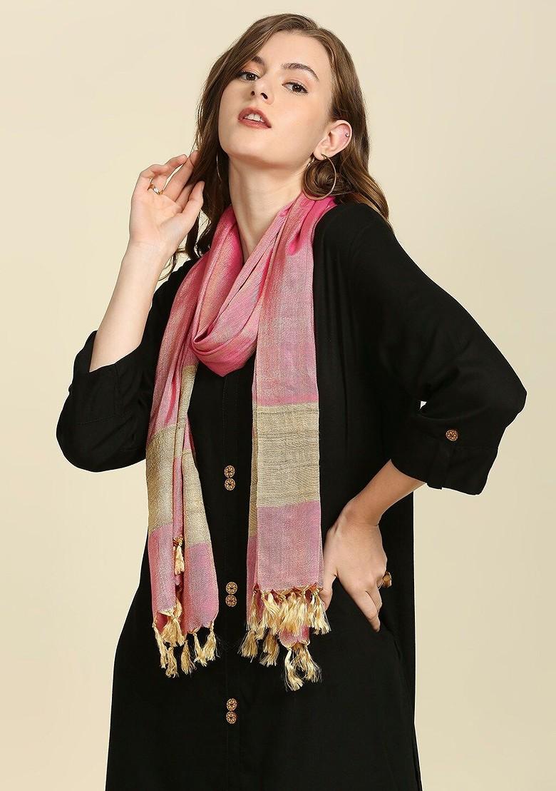 Pink And Gold Toned Solid Cotton Silk Dupatta