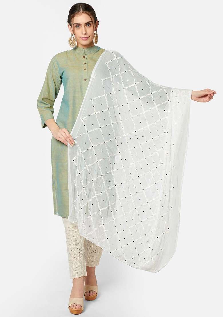 White Ethnic Motifs Embroidered Dupatta - Indya