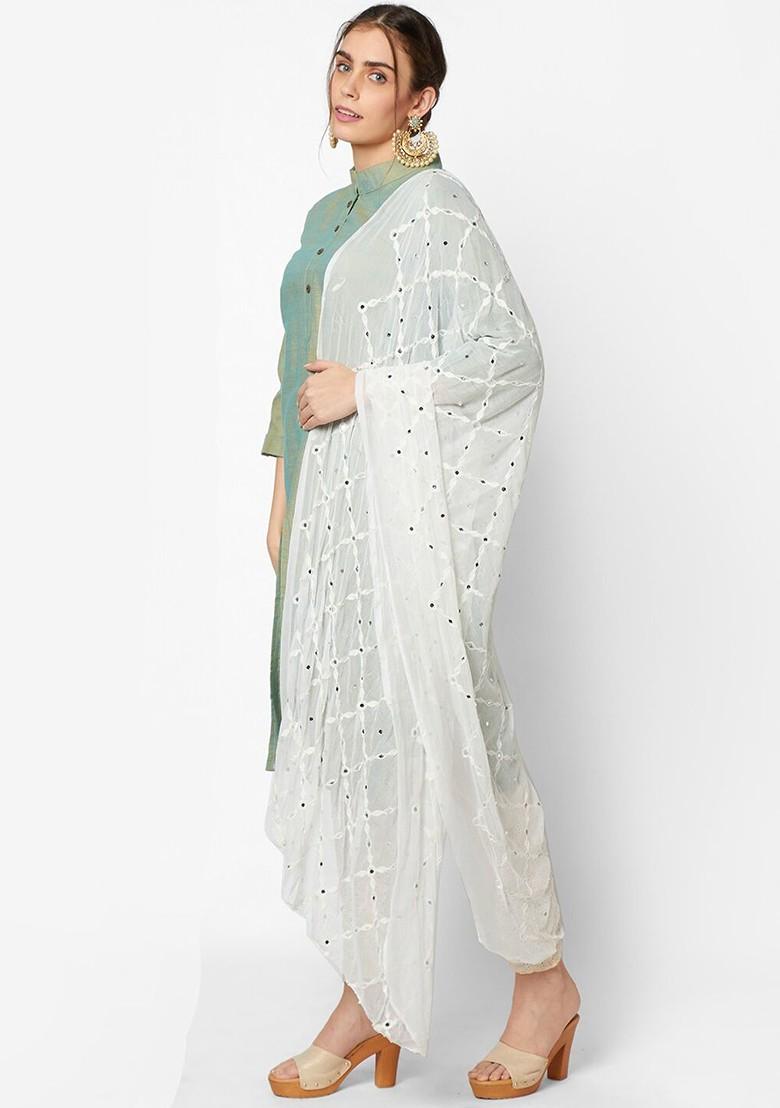 White Ethnic Motifs Embroidered Dupatta