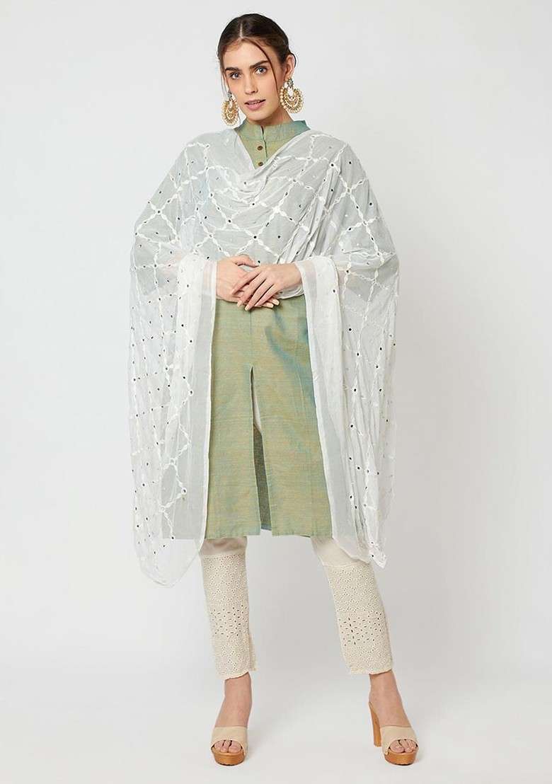 White Ethnic Motifs Embroidered Dupatta - Indya