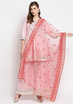 Pink And Gold Toned Ethnic Motifs Embroidered Dupatta With Chikankari
