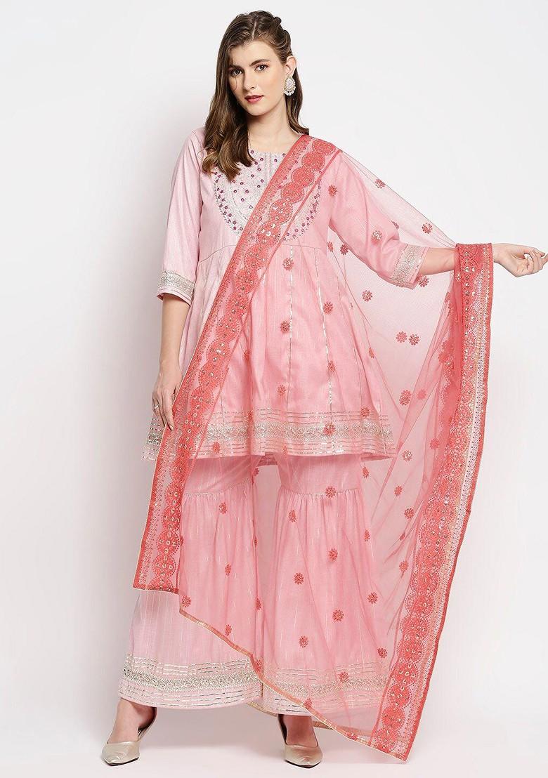 Pink And Gold Toned Ethnic Motifs Embroidered Dupatta With Chikankari