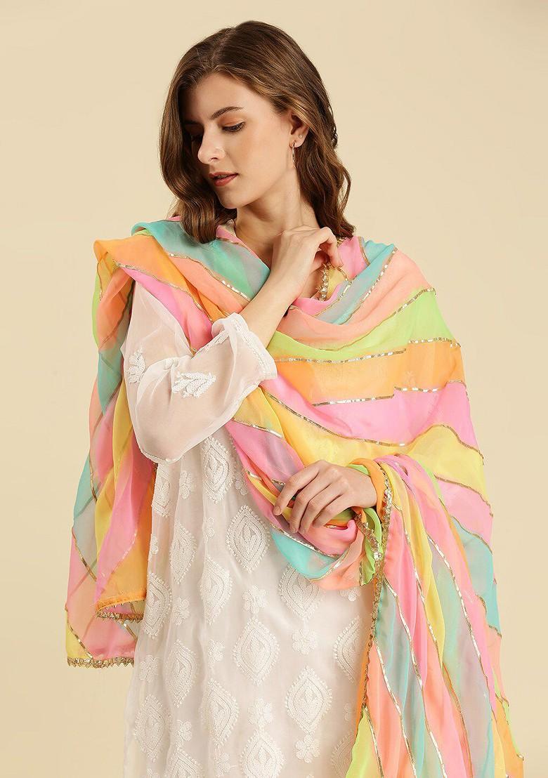 Women Yellow And Pink Printed Dupatta With Gotta Patti