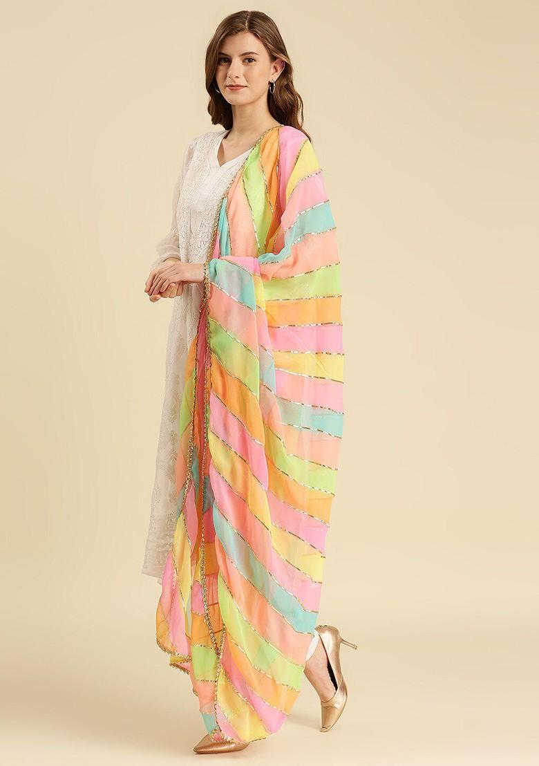 Women Yellow And Pink Printed Dupatta With Gotta Patti