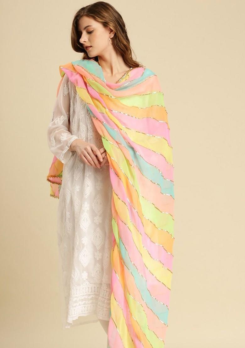 Women Yellow And Pink Printed Dupatta With Gotta Patti