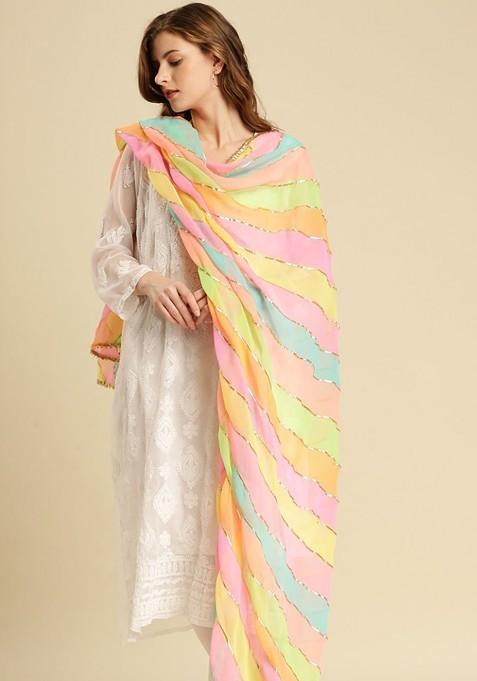 Women Yellow And Pink Printed Dupatta With Gotta Patti